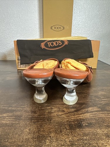 Tod’s Italy Slide Tan Brown Leather Mules Pumps Perspex Heels EU40 UK6.5 RRP$650 - Picture 9 of 13