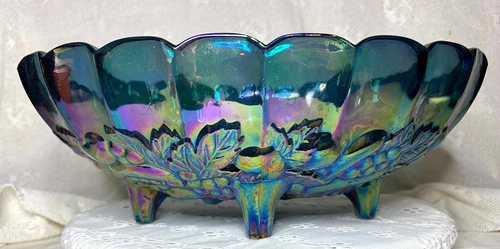 VINTAGE CARNIVAL GLASS Blue and Green Iridescent Footed Fruit Bowl ~ FREE SHIP!!