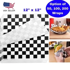 Black & White Checkered Wax Deli Sandwich Wrap Paper Sheets Basket Liner 12x12"