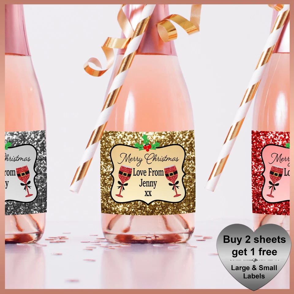 Personalised Merry Christmas CHAMPAGNE WINE Prosecco LABELS Small Mini Bottle