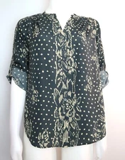 WOMEN'S BLACK BEIGE PRINT BLOUSE - SILKY TEXTURE - COLLECTIVE CONCEPTS - SIZE M
