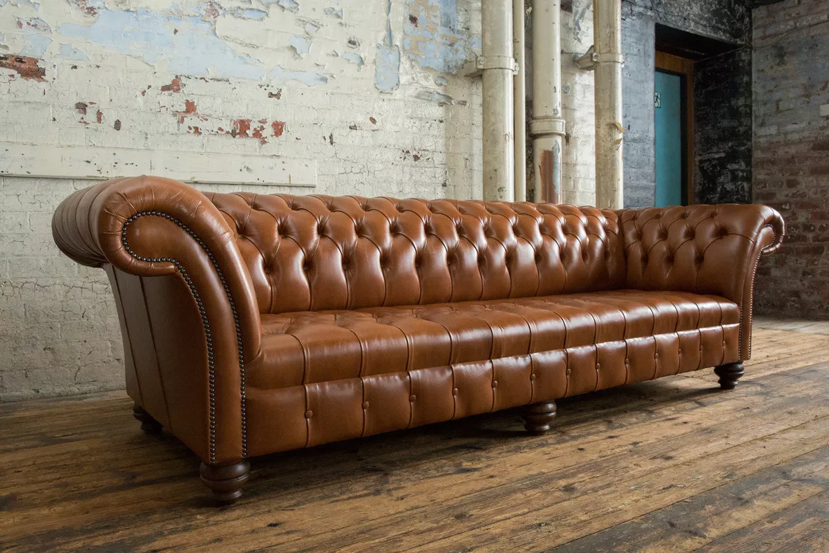 HANDMADE 4 SEATER VINTAGE DARK TAN LEATHER CHESTERFIELD SOFA NATURAL LEATHER