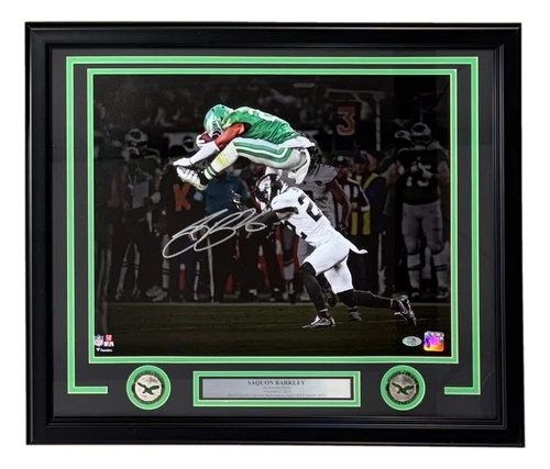 Saquon Barkley Signed Framed 16x20 Eagles Reverse Hurdle Spotlight Photo PSA/DNA