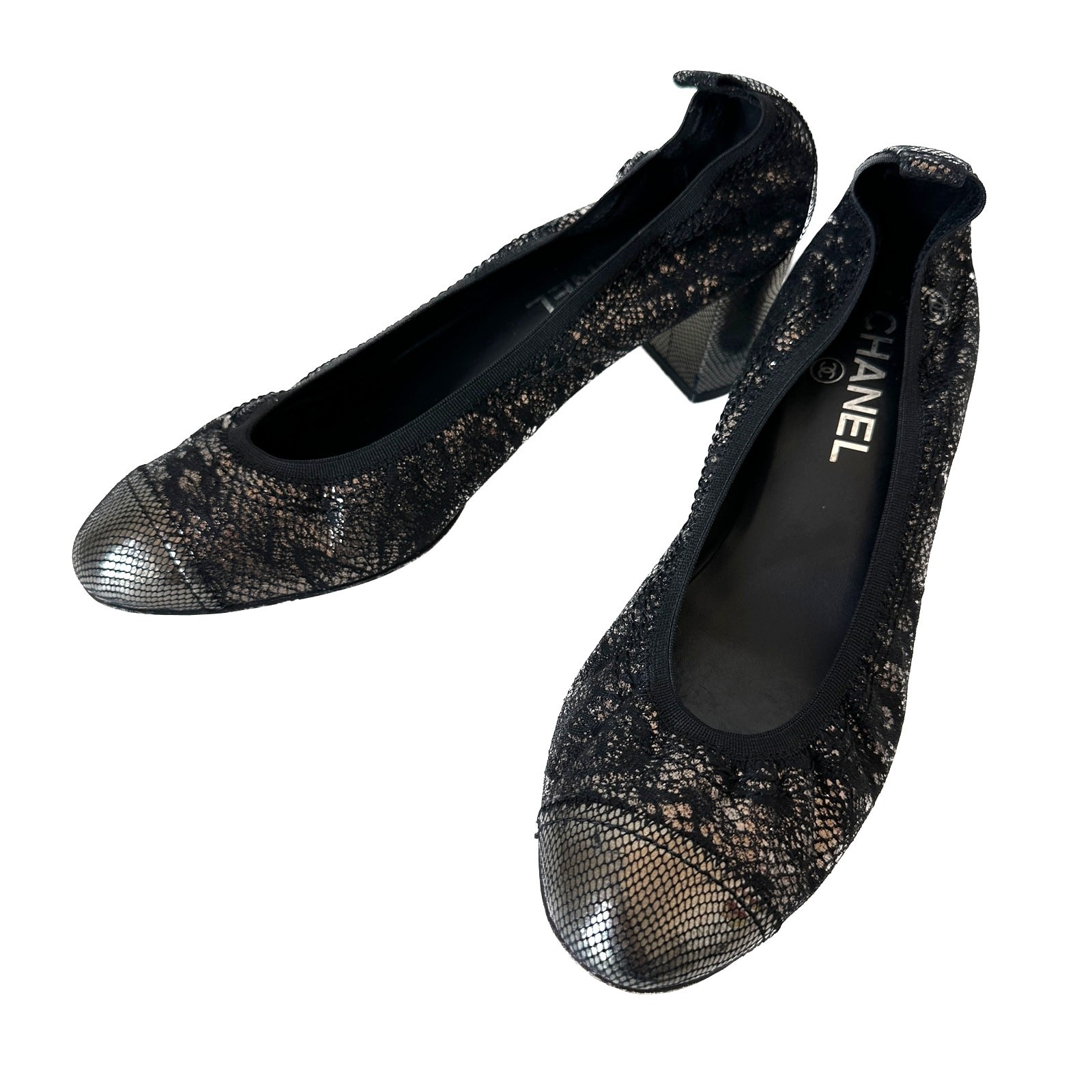 CHANEL Black Gold Metallic Cap Toe Stretchy Block Heel Pumps IT 40 thumbnail 17