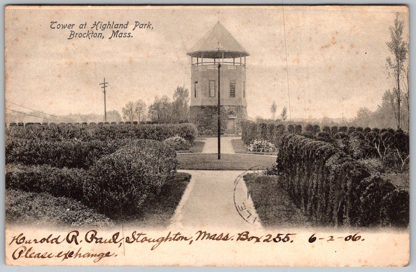 Antique Postcard Highland Park Tower Brockton, MA 1900s