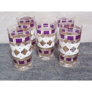 Culver Retro Purple & Gold Drinking Glasses 12oz Set of 5 Vintage