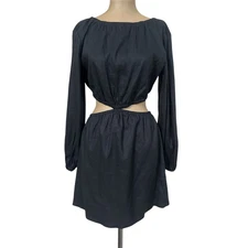 Gianni Bini Mini Dress Cora Black Linen Long Sleeve Cut Out Waist A-line size 4