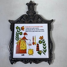 Vtg Cast Iron Pot Holder Trivet Cherry Japan Ceramic Kitchen Decor Trad Wife