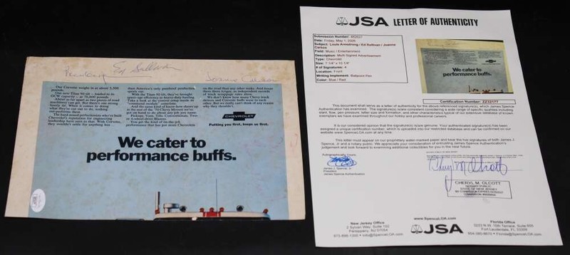 Louis Armstrong/Ed Sullivan/Joanne Carson + Signed Chevy Ad Auto JSA ZJ23806