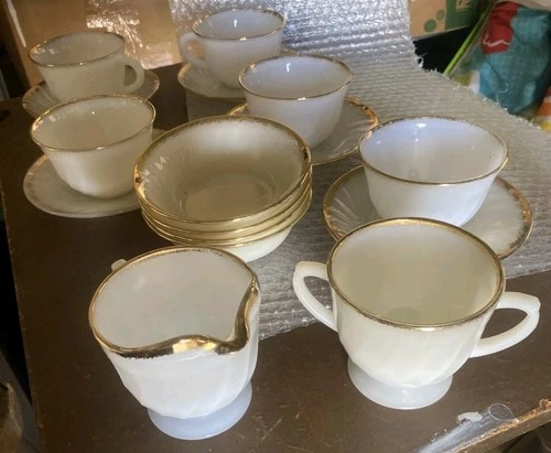 Vtg Anchor Hocking Fire King White Swirl Gold Rim Cups, Saucers, Sugar, Creamer