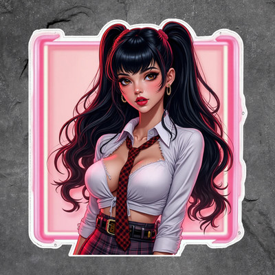 Pinup girl sticker vinyl decal anime schoolgirl black pigtails plaid tie blouse