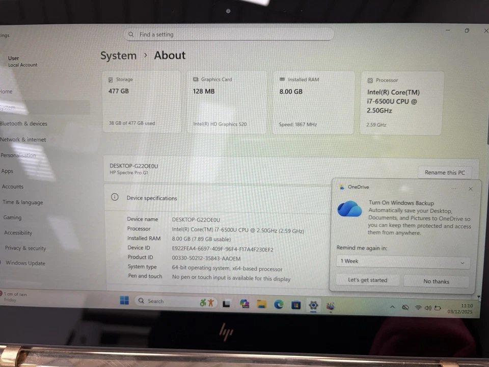 HP Spectre Pro 13 G1 Laptop Intel i7-6500u 8GB RAM 512GB SSD Windows 11 Pro READ - Image 4 of 4