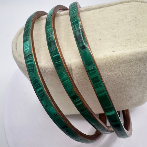 Paquete 3 pulseras brazaletes vintage de latón malaquita semipreciosa verde esmeralda - Imagen 3 de 9