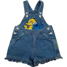 VTG Baby 12 Months Sesame Street Big Bird Cookie Monster Denim Jean Shortalls