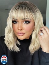WIGER Short Ombre Ash Blonde Wave Hair with Bangs Synthetic Bob Curly Wigs Di