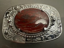 Vintage Silver Belt Buckle Metal Scroll Design Brown Stone Decorative