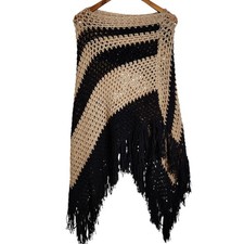 Vtg Handmade Crochet Knit Hippie Boho Shawl Fringe Poncho Black/Beige One Size