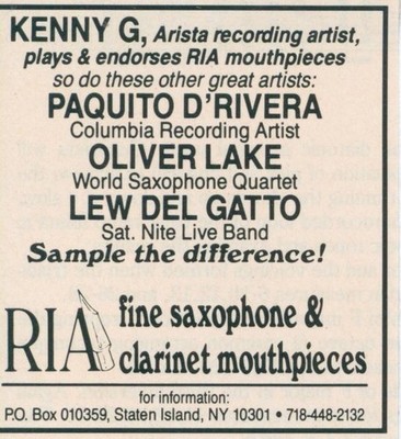 1989 RIA Saxophone Clarinet Mouthpieces Kenny G Oliver Lake Lew Del Gatto Ad DB1