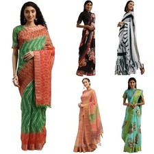 Women's Pure Fancy Linen blend Print Saree With Unstitched Blouse Piece