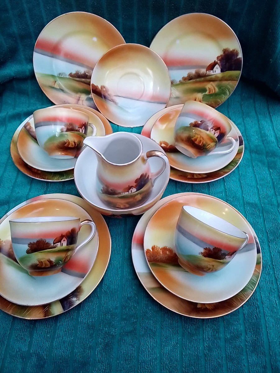 Vintage Noritake Japan Tea Set Sunset Over Lake With Cottage And