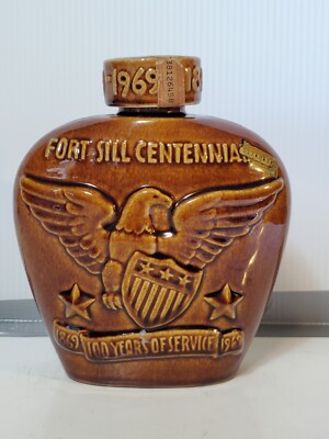 1969 J.W. Dant Ceramic Whiskey Decanter Fort Sill Centennial Eagle Vintage 