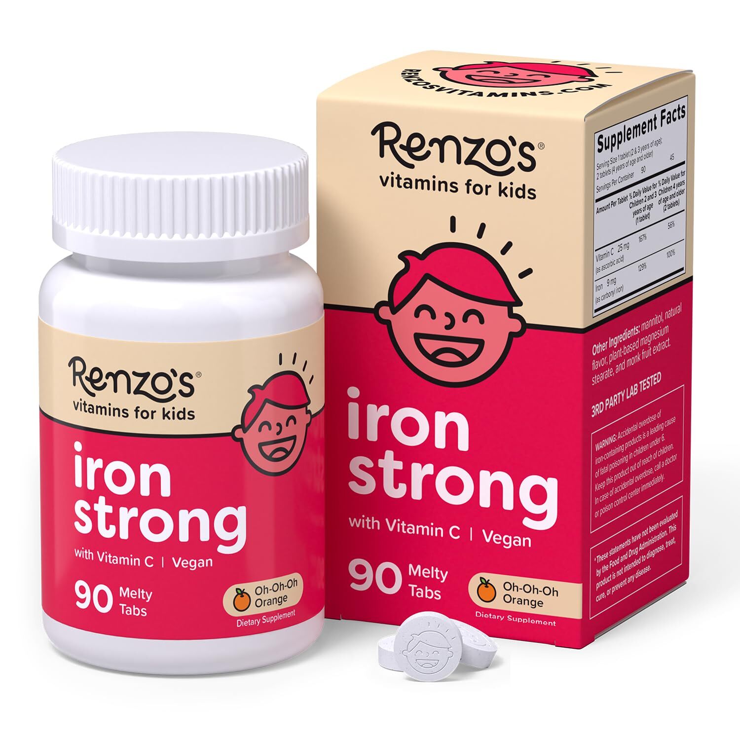 Renzo's Iron Supplements for Kids - Dissolvable Vegan Iron Supplement with Vi...