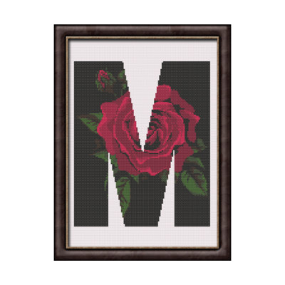 Rote Rose auf schwarz M Monogramm Kreuzstichmuster/Diagramm, Anfangsbuchstabe persönlich