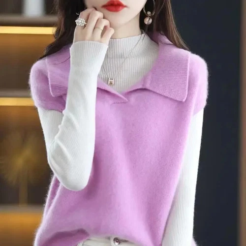 Stylish Turn-down Sweater Vest Casual Sleeveless Autumn Winter Female Clothing - Picture 6 of 27