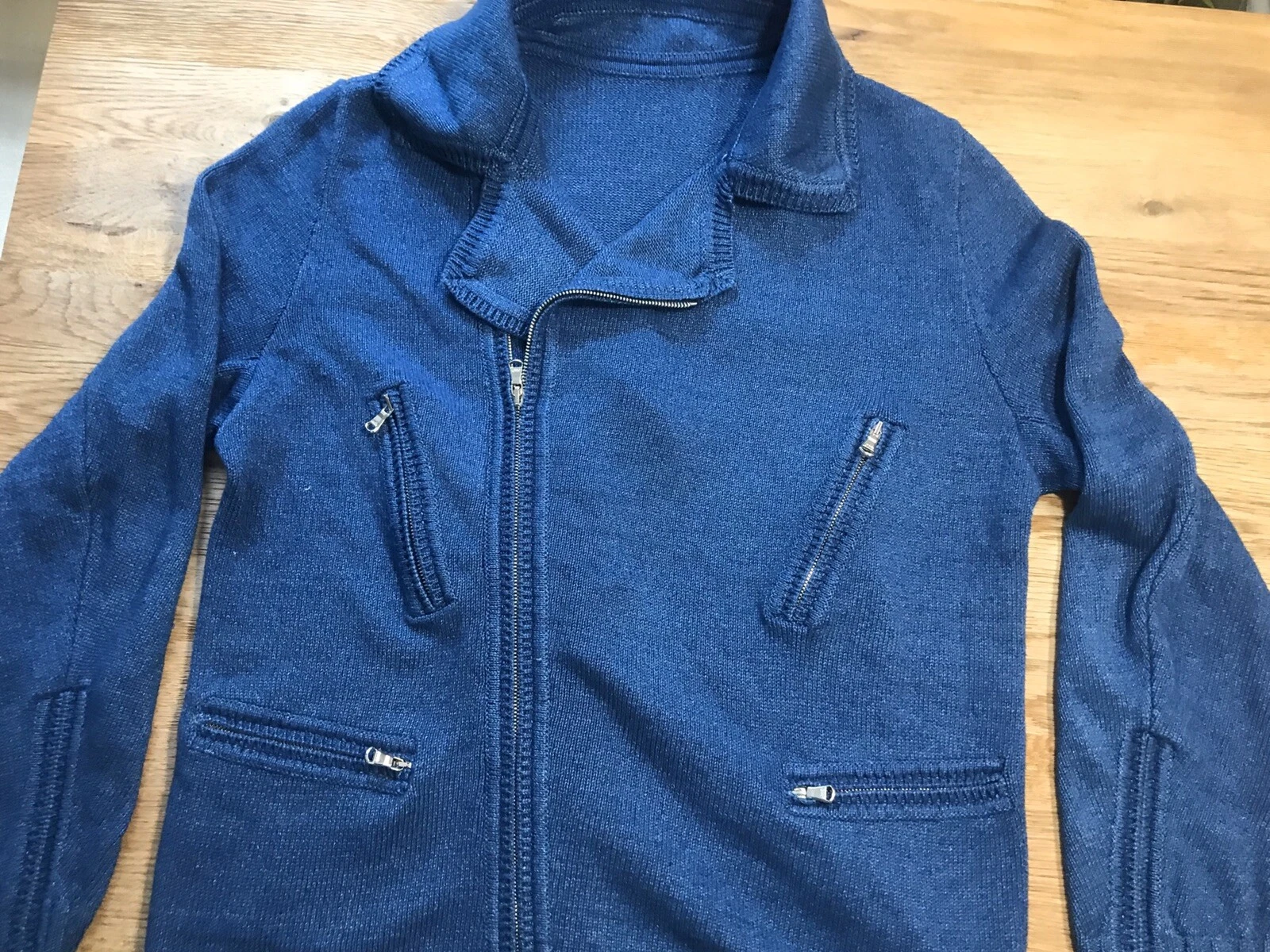 Sibling London mens denim blue knitted biker jacket size large