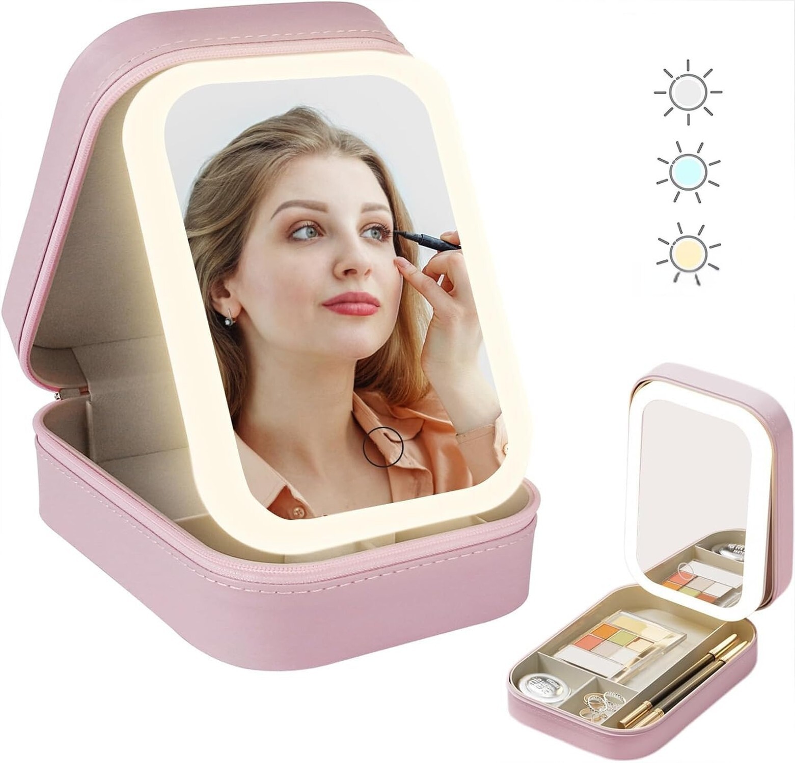 Travel Makeup Case with Lighted Mirror, Partitionable Cosmetic Bag, Professio...