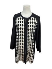 Chicos Black  White Open Front Jacket Woven Detail 3/4 Sleeve Size 2 - New