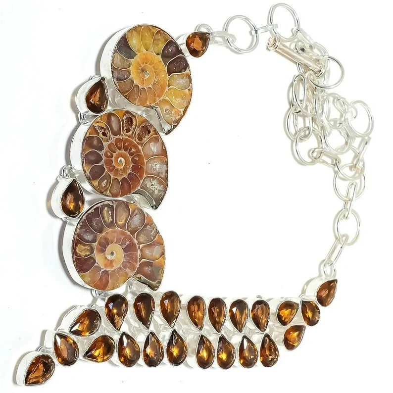 Precioso collar de amonita, piedras preciosas de citrino collar de plata de ley 925 Foto 2 de 4