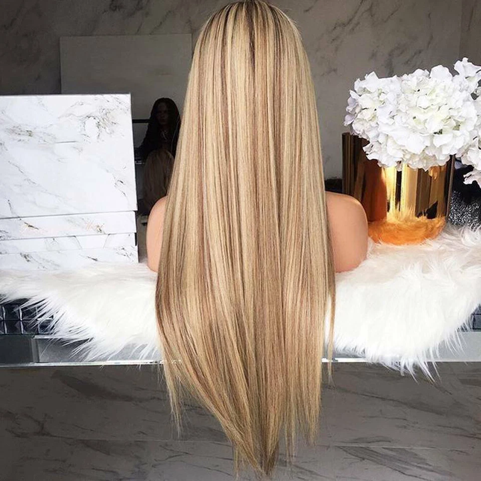 Pelucas de pelo largo y liso reales para mujeres peluca completa rubia ombre natural con disfraces Foto 4 de 4