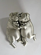 Vintage Dancing Pigs Silver Tone Pin Brooch Signed JJ