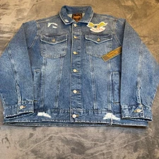 Von Dutch Denim Jacket Blue Distressed Patch Logo Button Up Mens Large NWT