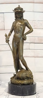 Donatello Style Bronze David Goliath Sculpture Signed Milo Hot Cast Art Figurine