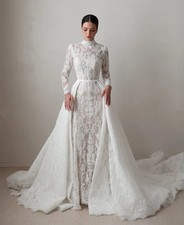 Long Sleeve Full Lace Mulsim Wedding Dresses with Detachable Train High Neck
