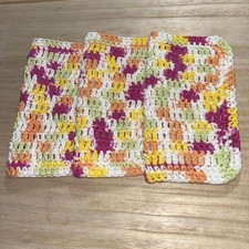 HANDMADE SET OF 3 CROCHET COTTON DISH CLOTHS OR WASH CLOTHS 8.5x8.5 INCHES NEW 