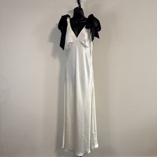 Express Cream Satin V-Neck Midi Cami Slip Dress w/ Black Ties on Shoulder - MED