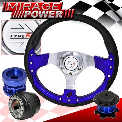 Extender + Quick Release + Blue Fusion Style Steering Wheel For 89-05 Eclipse