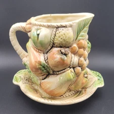 Vintage Majolica Fruit Relief Pitcher & Tray Set 5" Hand Painted 51447 Read