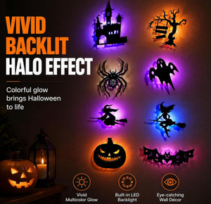 8 Pack Halloween LED Silhouette Wall Light Stickers Decor Set,Spooky Decorations