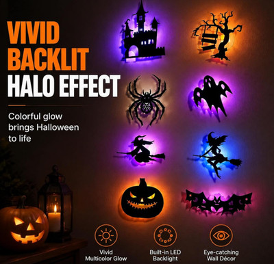 8 Pack Halloween LED Silhouette Wall Light Stickers Decor Set,Spooky Decorations