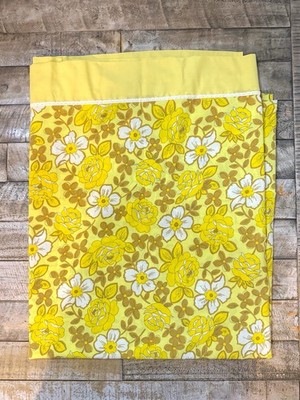 Vintage Yellow Floral Flat Sheet Dan River Full Double Groovy Flower Power
