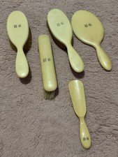 Vintage French Ivory Celluloid Vanity set Monogrammed 'HS' - Art Deco Grooming