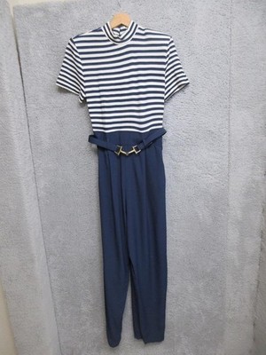 Vintage 80s John Roberts Jumpsuit Womens Medium Blue Striped Nautical Belted