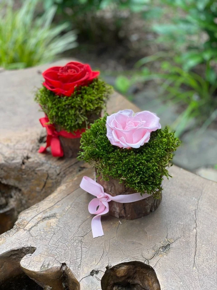 REAL Preserved Rose in Original Wood Vase. New, 7 inch., 2 ITEM - Image 4 of 4