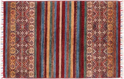 Afghan Ziegler Khorjin Teppich 80x120 Handgeknüpft Rot Streifen Orient l - Bild 1 von 4