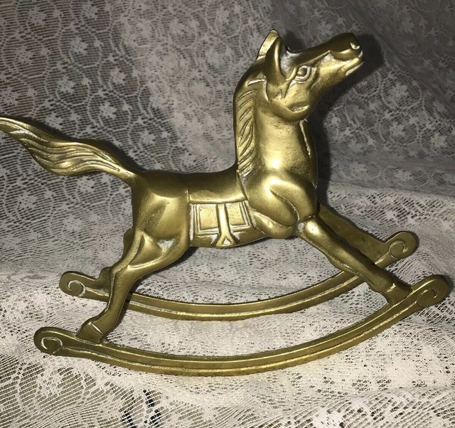 Vintage brass rocking horse figurine western saddle stirrups heavy 7.25