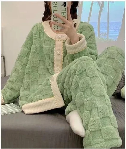 Coral Fleece Pajamas Set Women Lounge Home Suit Warm Sleepwear Homewear Set - Picture 3 of 10